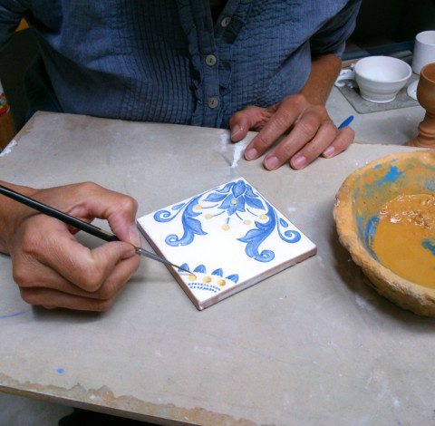 Floral Maiolica Tile, Ocher - Ildikó Károlyi